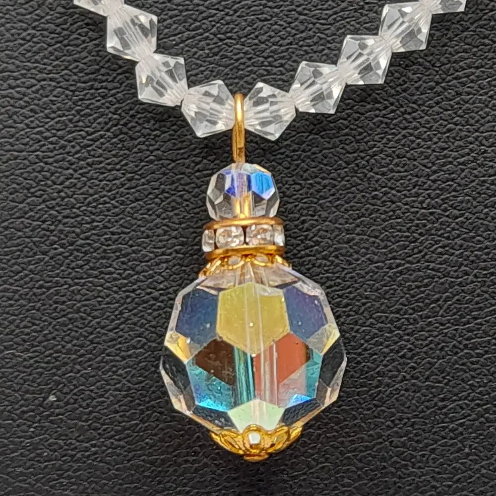 Vintage 1960s Crystal Faceted Pendant Necklace, AB Rhinestone Box Clasp, 17 Inch